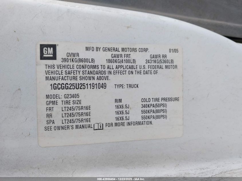 2005 Chevrolet Express VIN: 1GCGG25U251191049 Lot: 43958454