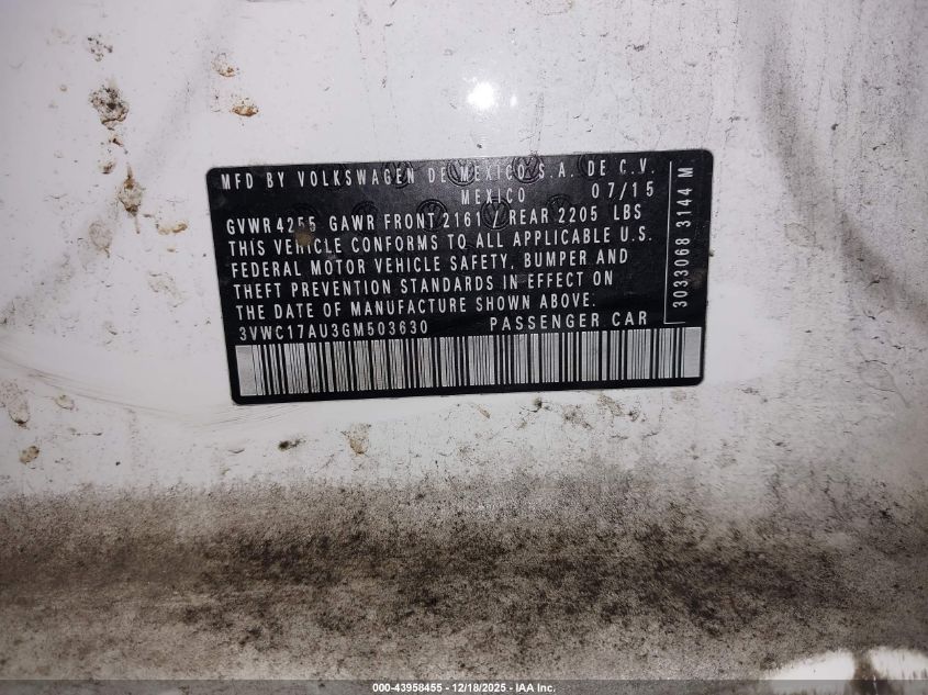2016 Volkswagen Golf Sportwagen Tsi S 4-Door VIN: 3VWC17AU3GM503630 Lot: 43958455