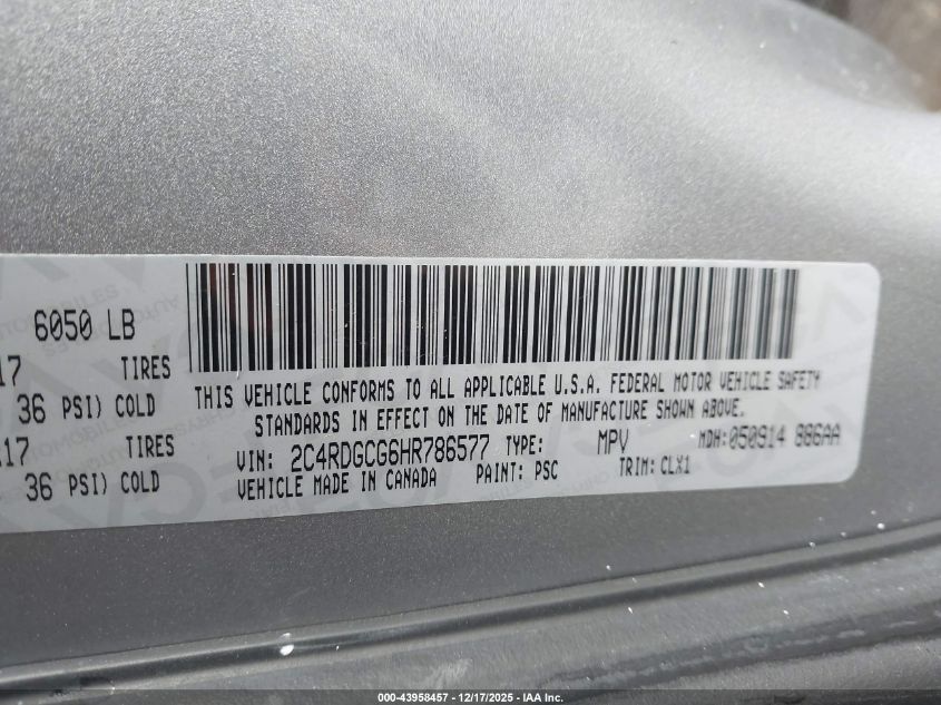 2017 Dodge Grand Caravan Sxt VIN: 2C4RDGCG6HR786577 Lot: 43958457