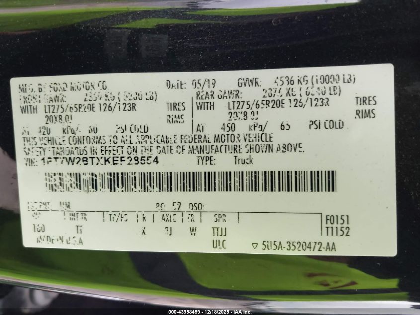 2019 Ford F-250 Limited VIN: 1FT7W2BTXKEF28554 Lot: 43958459