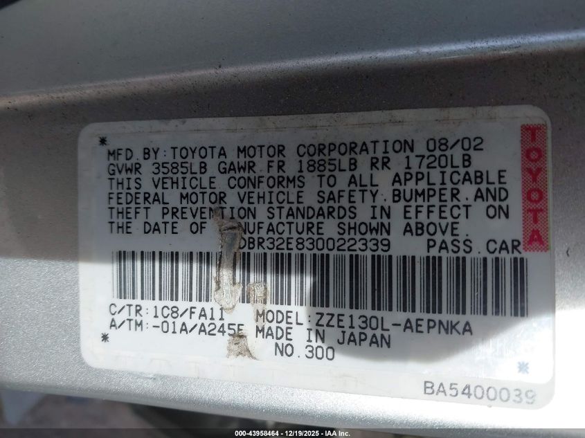 2003 Toyota Corolla Le VIN: JTDBR32E830022339 Lot: 43958464