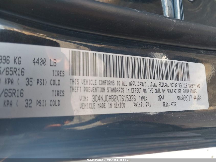 2019 Jeep Compass Sport Fwd VIN: 3C4NJCAB2KT615336 Lot: 43958466