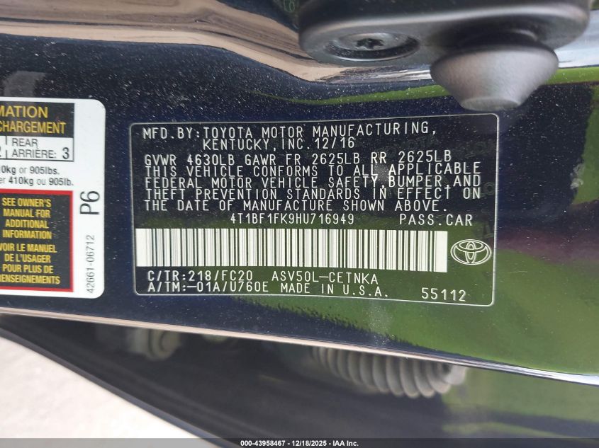 2017 Toyota Camry Le VIN: 4T1BF1FK9HU716949 Lot: 43958467