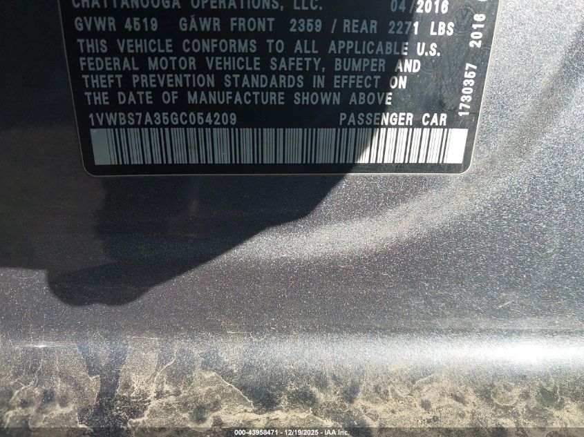 2016 Volkswagen Passat 1.8T Se VIN: 1VWBS7A35GC054209 Lot: 43958471