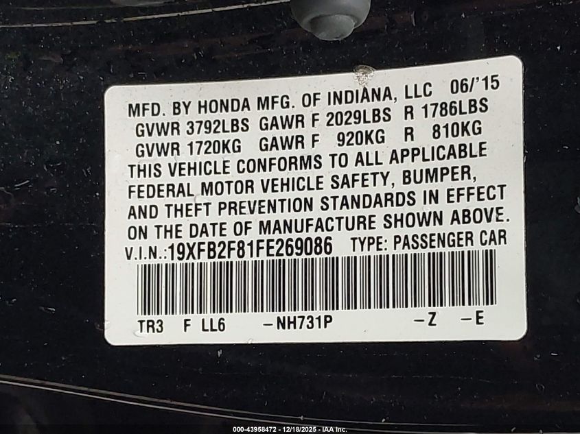 2015 Honda Civic Ex VIN: 19XFB2F81FE269086 Lot: 43958472