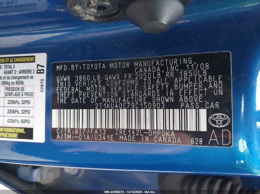 2009 Toyota Matrix VIN: 2T1KU40E79C150903 Lot: 43958474