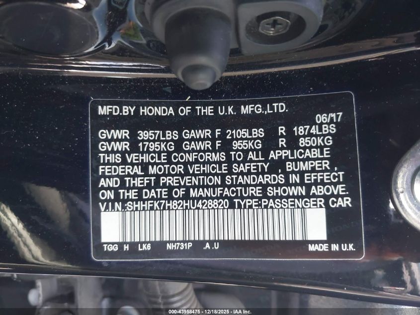 2017 Honda Civic Ex-L VIN: SHHFK7H82HU428820 Lot: 43958475