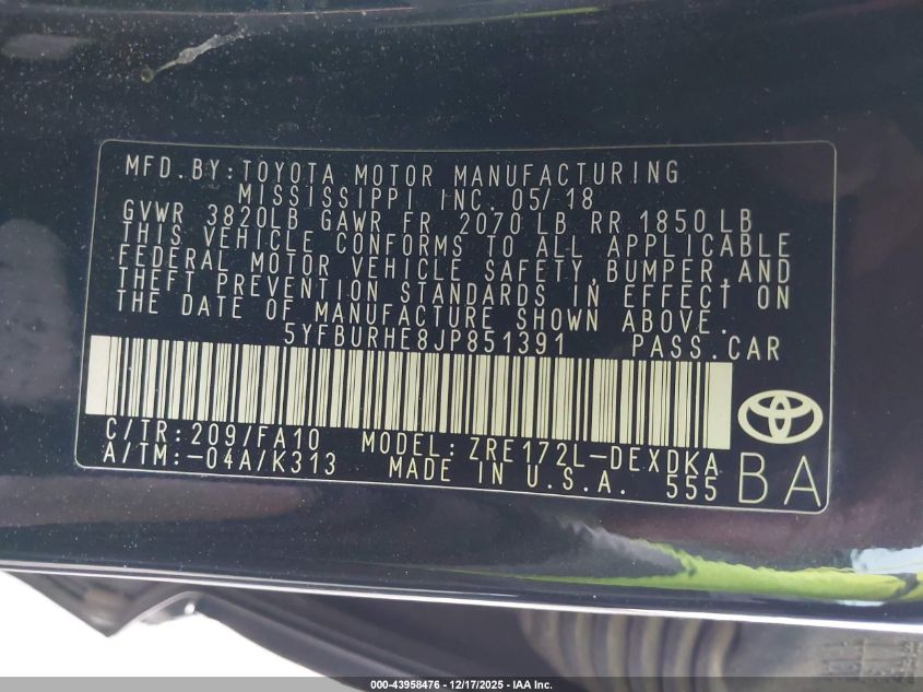 2018 Toyota Corolla L VIN: 5YFBURHE8JP851391 Lot: 43958476