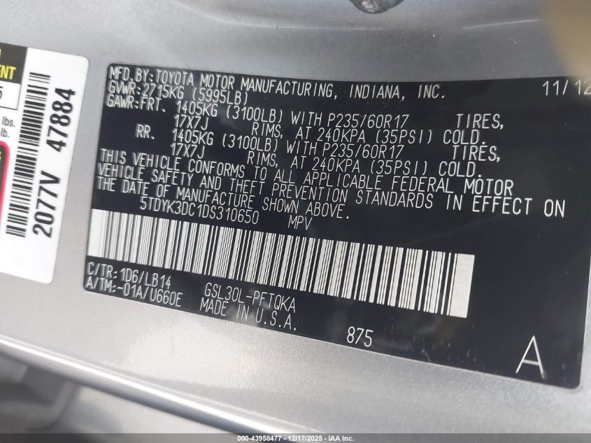 2013 Toyota Sienna Xle V6 7 Passenger Auto Access Seat/Xle V6 8 Passenger VIN: 5TDYK3DC1DS310650 Lot: 43958477