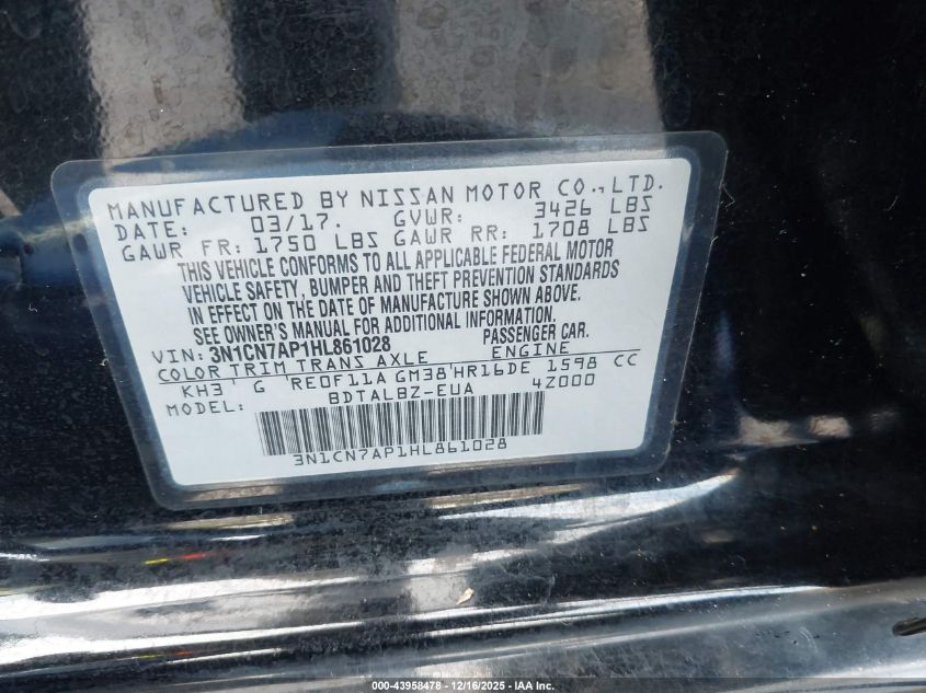 2017 Nissan Versa 1.6 Sv VIN: 3N1CN7AP1HL861028 Lot: 43958478