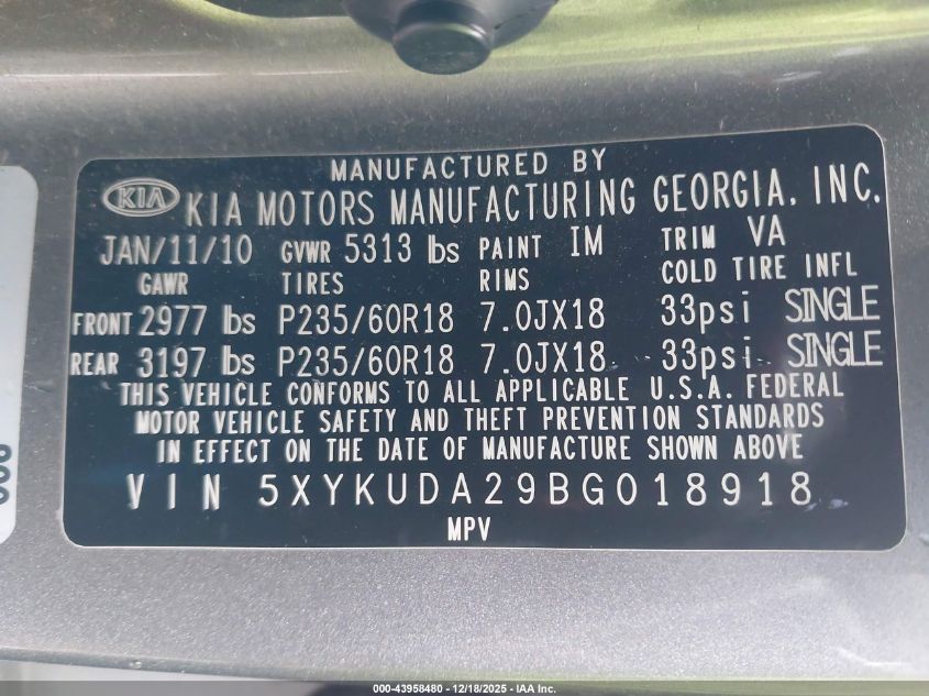 2011 Kia Sorento Ex V6 VIN: 5XYKUDA29BG018918 Lot: 43958480