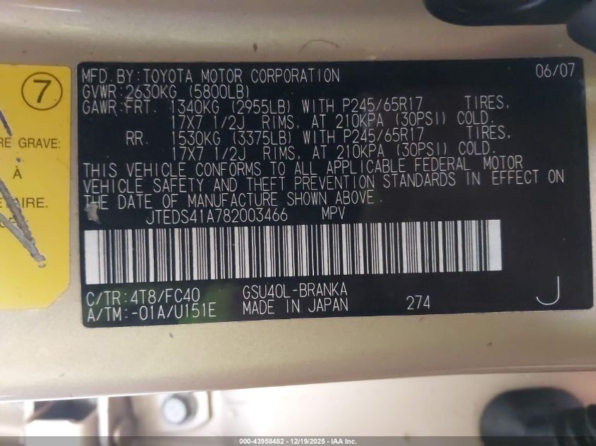 2008 Toyota Highlander VIN: JTEDS41A782003466 Lot: 43958482