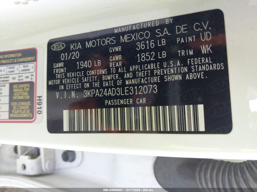 2020 Kia Rio S VIN: 3KPA24AD3LE312073 Lot: 43958483