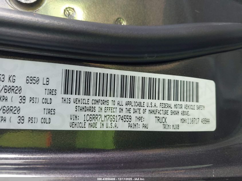 2016 Ram 1500 Big Horn VIN: 1C6RR7LM7GS174559 Lot: 43958486
