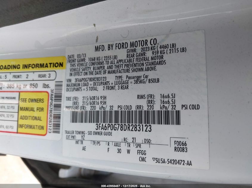 2013 Ford Fusion S VIN: 3FA6P0G78DR283123 Lot: 43958487