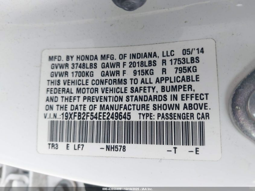 2014 Honda Civic Lx VIN: 19XFB2F54EE249645 Lot: 43958488