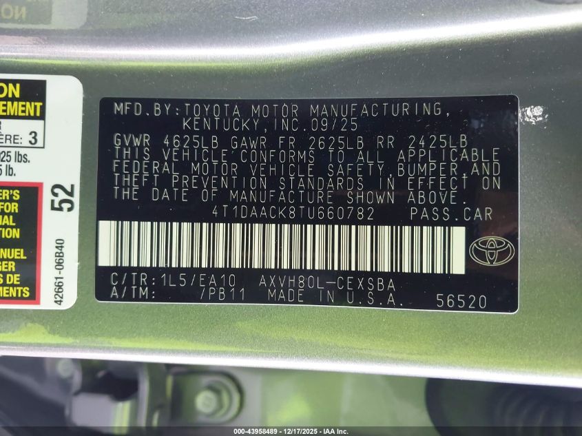 2026 Toyota Camry Se VIN: 4T1DAACK8TU660782 Lot: 43958489