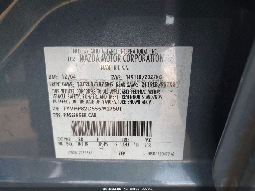 2005 Mazda Mazda6 S Sport VIN: 1YVHP82D555M27501 Lot: 43958490