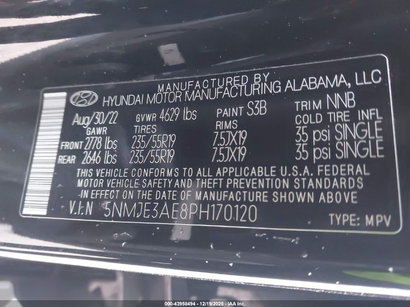 2023 Hyundai Tucson Limited VIN: 5NMJE3AE8PH170120 Lot: 43958494