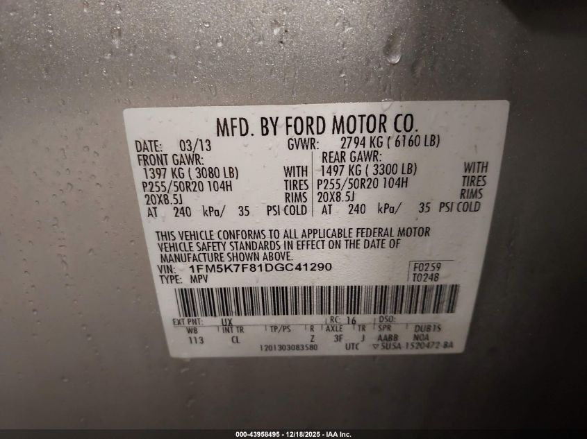 2013 Ford Explorer Limited VIN: 1FM5K7F81DGC41290 Lot: 43958495