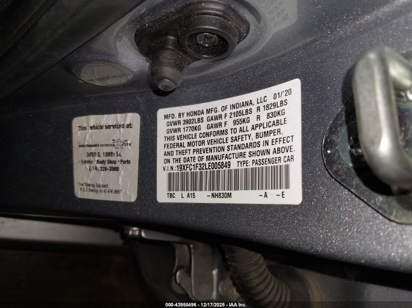 2020 Honda Civic Ex VIN: 19XFC1F32LE005849 Lot: 43958496