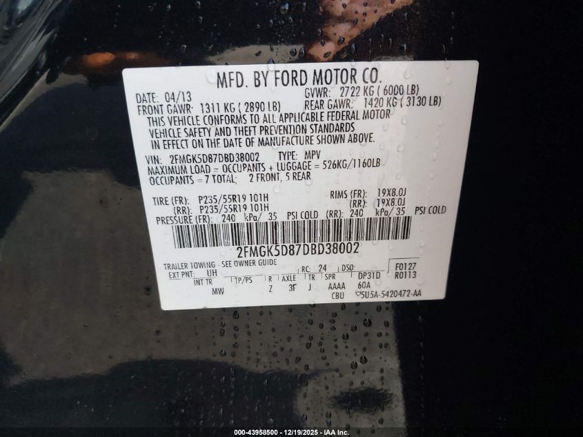 2013 Ford Flex Limited VIN: 2FMGK5D87DBD38002 Lot: 43958500