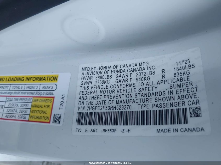 2024 Honda Civic Sport VIN: 2HGFE2F53RH529270 Lot: 43958503