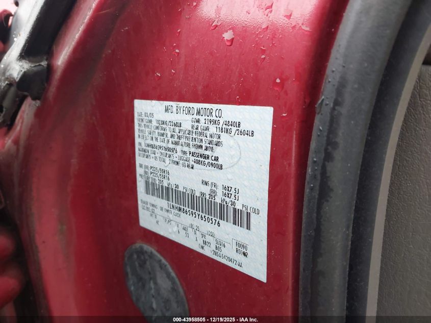 2005 Lincoln Ls V6 VIN: 1LNHM86S95Y650576 Lot: 43958505