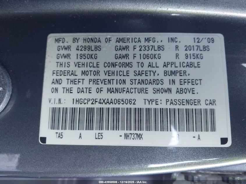 2010 Honda Accord 2.4 Lx-P VIN: 1HGCP2F4XAA065062 Lot: 43958506