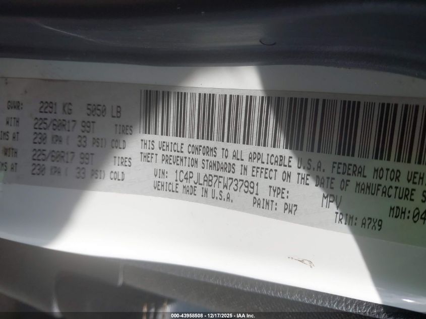 2015 Jeep Cherokee Sport VIN: 1C4PJLAB7FW737991 Lot: 43958508