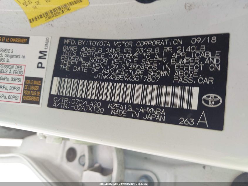 2019 Toyota Corolla Xse VIN: JTNK4RBE9K3017807 Lot: 43958509