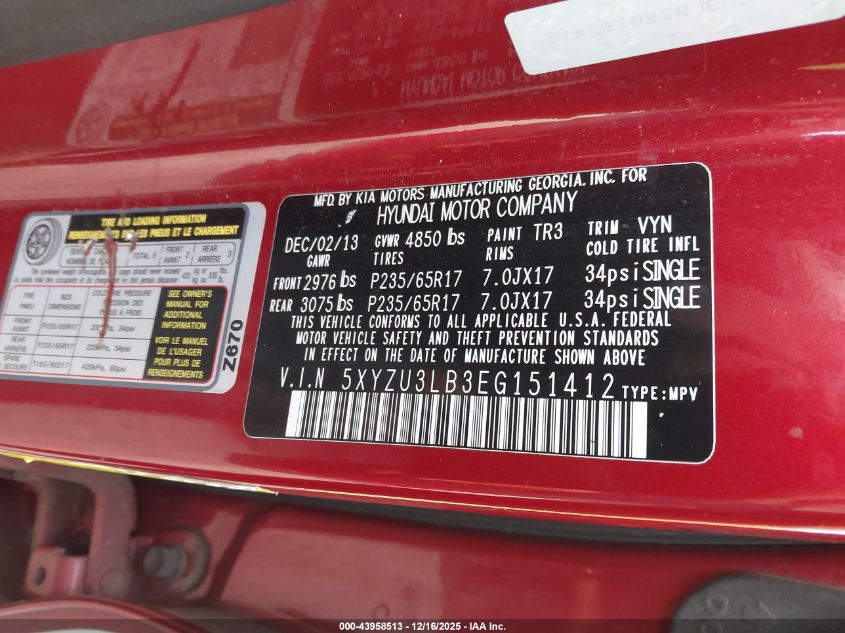 2014 Hyundai Santa Fe Sport 2.4L VIN: 5XYZU3LB3EG151412 Lot: 43958513