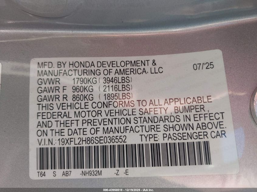 2025 Honda Civic Sedan Sport VIN: 19XFL2H86SE036552 Lot: 43958518