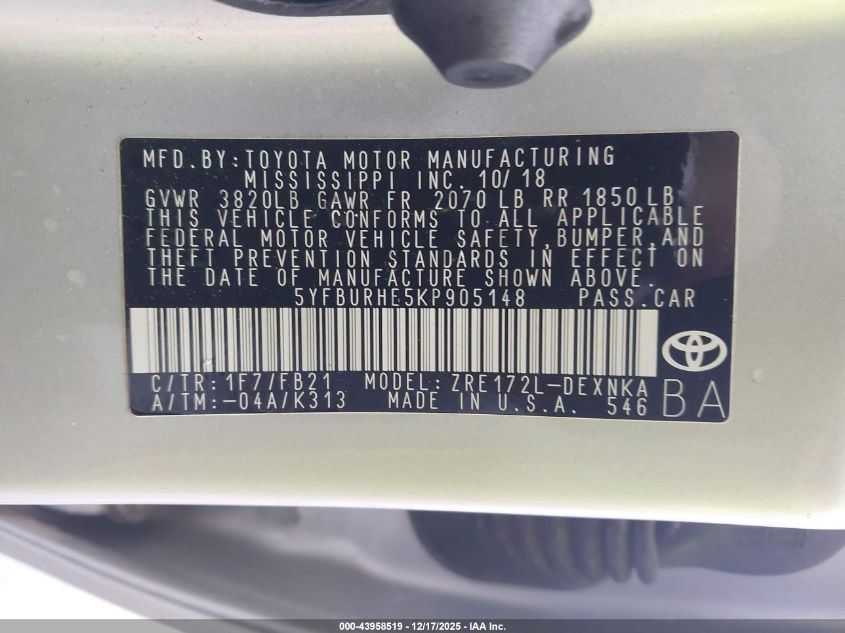 2019 Toyota Corolla Le VIN: 5YFBURHE5KP905148 Lot: 43958519