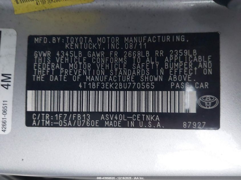 2011 Toyota Camry Le VIN: 4T1BF3EK2BU770565 Lot: 43958520