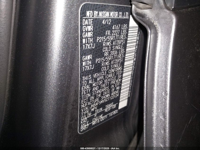 2012 Nissan Juke Sl VIN: JN8AF5MV5CT122124 Lot: 43958521