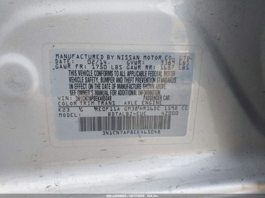 2014 Nissan Versa 1.6 S/1.6 S+/1.6 Sl/1.6 Sv VIN: 3N1CN7AP8EK465048 Lot: 43958523