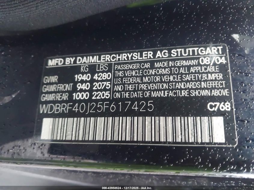 2005 Mercedes-Benz C 230 Kompressor Sport VIN: WDBRF40J25F617425 Lot: 43958524