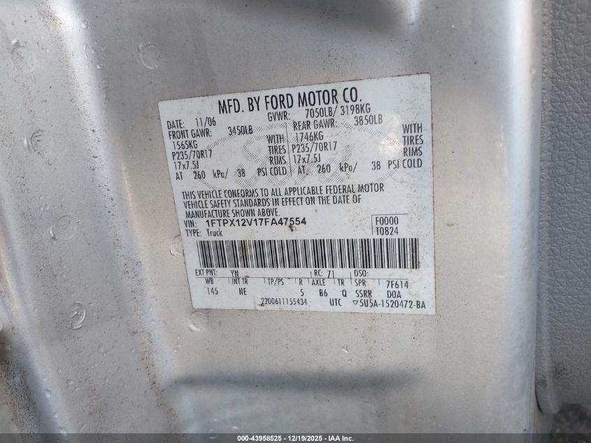 2007 Ford F-150 Lariat/Stx/Xl/Xlt VIN: 1FTPX12V17FA47554 Lot: 43958525