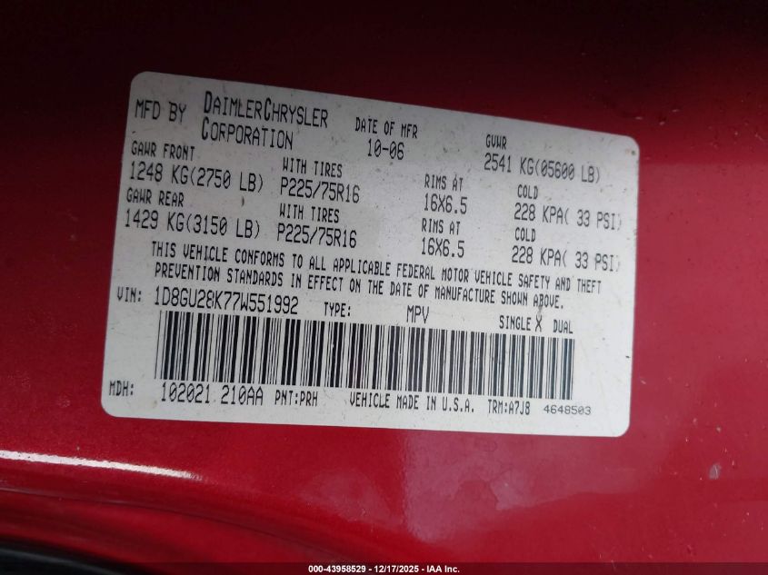 2007 Dodge Nitro Sxt VIN: 1D8GU28K77W551992 Lot: 43958529