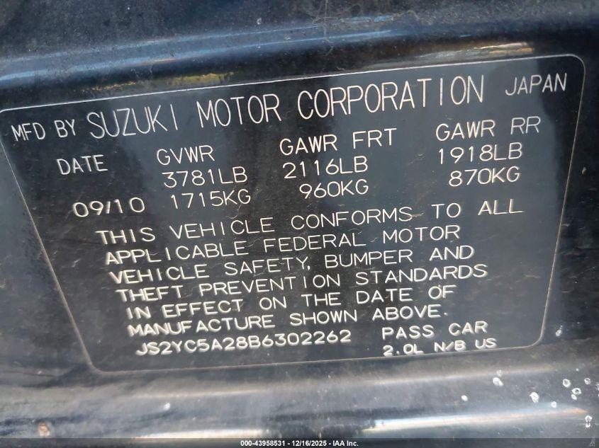 2011 Suzuki Sx4 Le/Le Anniversary Edition VIN: JS2YC5A28B6302262 Lot: 43958531