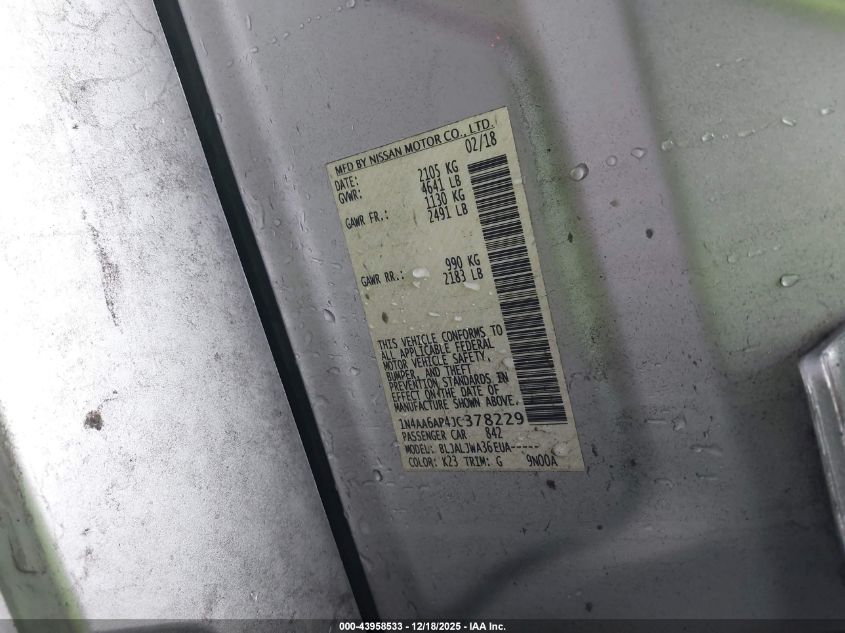 2018 Nissan Maxima 3.5 Sv VIN: 1N4AA6AP4JC378229 Lot: 43958533