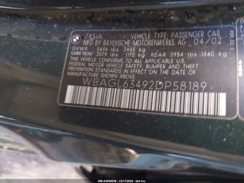 2002 BMW 745I VIN: WBAGL63492DP58189 Lot: 43958536