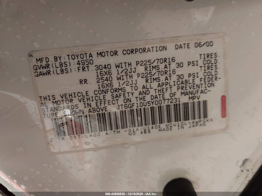 2000 Lexus Rx 300 VIN: JT6GF10U5Y0077231 Lot: 43958538