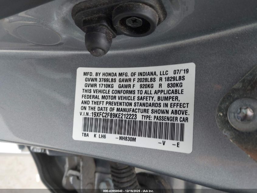 2019 Honda Civic Sport VIN: 19XFC2F89KE212223 Lot: 43958540