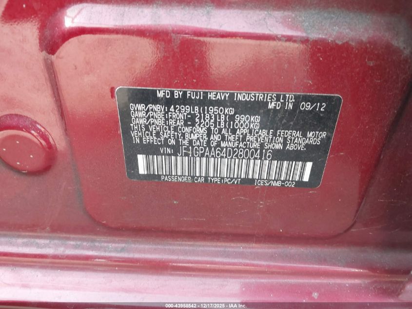 2013 Subaru Impreza 2.0I VIN: JF1GPAA64D2800416 Lot: 43958542