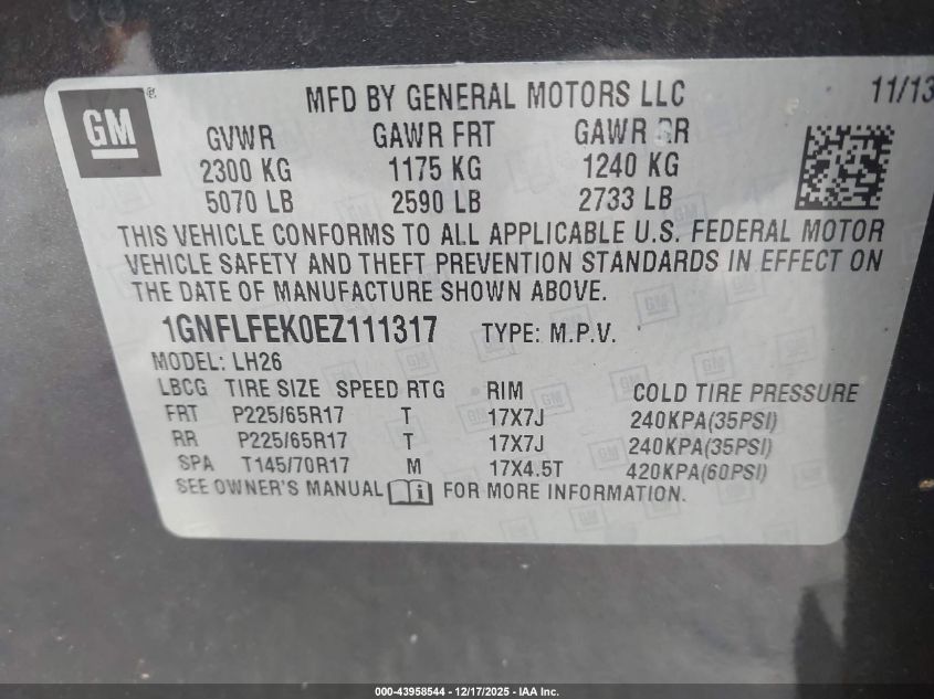 2014 Chevrolet Equinox 1Lt VIN: 1GNFLFEK0EZ111317 Lot: 43958544