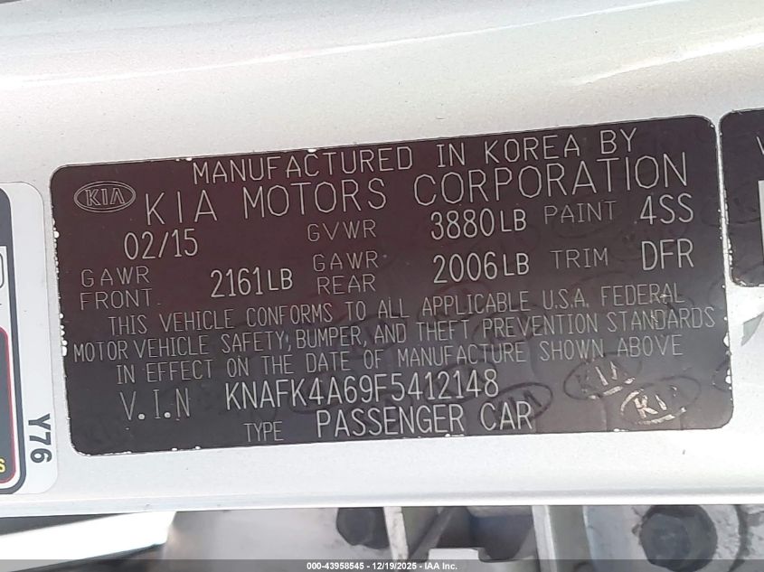 2015 Kia Forte Lx VIN: KNAFK4A69F5412148 Lot: 43958545