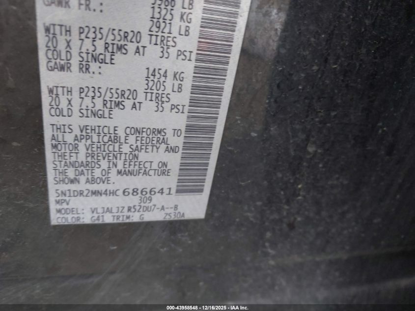 2017 Nissan Pathfinder Platinum VIN: 5N1DR2MN4HC686641 Lot: 43958548