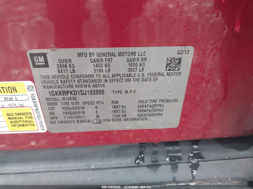 2013 GMC Acadia Sle-2 VIN: 1GKKRPKD1DJ193898 Lot: 43958550